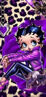 Animated stylish character with purple leopard print background.