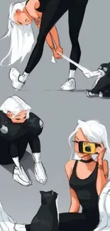 Cartoon girl with white hair and black cat in a stylish pose.