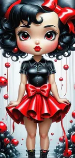 Stylish cartoon girl in a red and black outfit with bows and ladybugs.