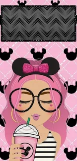 Cartoon girl with pink hair and stylish glasses on pink background.