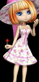 Chic cartoon girl holding a lollipop in a floral dress.