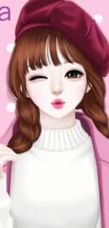 Chic cartoon girl with pink background and stylish fashion elements.