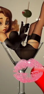 Vintage cartoon girl in a martini glass with glamorous accents and retro style.