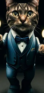 A fashionable cat in a blue suit with glowing lights in the background.