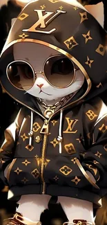 Fashionable cat in designer black and gold hoodie with sunglasses.