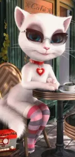 Stylish animated cat enjoying coffee at a chic Parisian café.