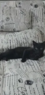 Black cat lounging on printed bedding.