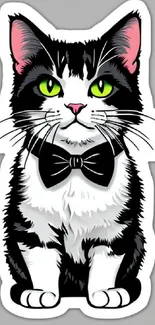 Cartoon cat with green eyes and a bow tie on a gray wallpaper.