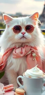 Chic cat with sunglasses and macarons in Parisian setting.