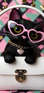 Cartoon cat with pink sunglasses and a chic handbag.