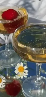 Champagne glasses and daisies reflecting on a mirrored surface.