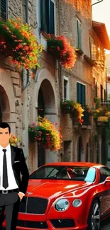 Luxury red car and animated businessman in cityscape.