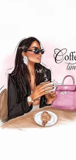 Illustration of a fashionable woman enjoying coffee with a pink handbag.