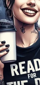 Tattooed woman holding coffee in urban style.