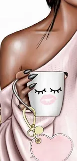 Chic girl holding coffee mug with fashion illustration.