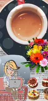 Coffee, flowers, and laptop on a chic workspace wallpaper.