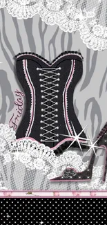 Mobile wallpaper with corset and high heel design, featuring lace and gray tones.