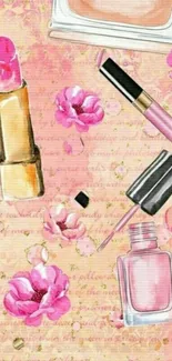 Chic wallpaper with cosmetics and pink flowers on a stylish background.