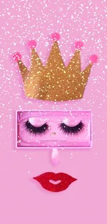 Chic mobile wallpaper with crown and makeup elements on a pink background.