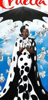 Dalmatian themed chic wallpaper with vibrant sky and stylish fashion elements.