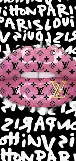 Pink designer lips with monogram on black graffiti background wallpaper.