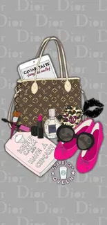 Designer handbag and accessories wallpaper with a stylish theme.