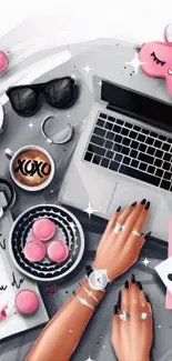 Chic flat lay with pink accents, laptop, and coffee.