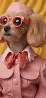 Dog in pink outfit and glasses on yellow background.