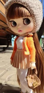 Doll in chic orange cardigan and beige skirt on pavement.