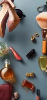 Fashion accessories with shoes and makeup on a blue-gray background.