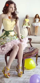 Chic woman in colorful dress with dolls and balloons, stylish decor.