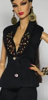 Chic fashion doll in black outfit with jewelry