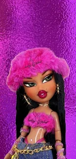 Fashion doll with vibrant pink hat and background in striking colors.