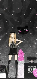 Chic fashion wallpaper with stylish girl and luxury items in black and pink.