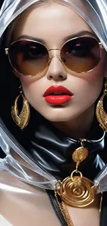 Glamorous woman with sunglasses and gold earrings on a mobile wallpaper.