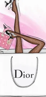 Fashion illustration with pink accents and chic style in shopping bag.