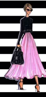 Fashion illustration with pink skirt on black and white striped background.