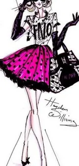 Fashion illustration of a woman in a pink skirt.