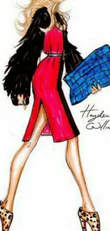 Illustration of woman in red dress with blue clutch and leopard heels.