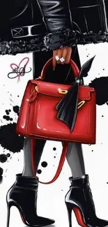 Fashion illustration with red handbag and high heels.