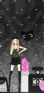 Fashion illustration with accessories in black and pink on a patterned background.