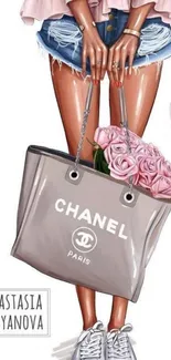 Chic fashion illustration with pink and denim, carrying a branded tote.