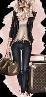 Chic fashion woman with luggage illustration.