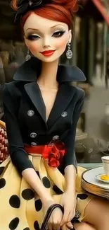 Fashionable chic cartoon lady enjoying coffee in retro style.