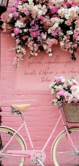 Vintage pink bicycle with floral basket on pink wall.