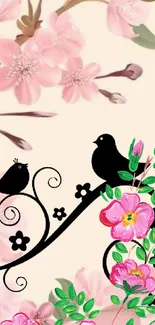 Elegant floral wallpaper with black birds and pink blossoms.