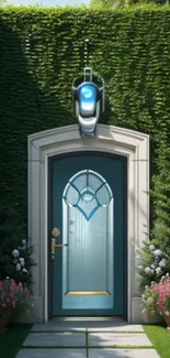 A stylish garden door with lush greenery and a futuristic touch.