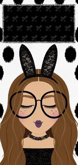 Chic cartoon girl with glasses and polka dots wallpaper.