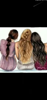 Artistic wallpaper of three friends with braided hairstyles.