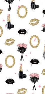 Chic black and gold patterned wallpaper with roses and lipsticks.